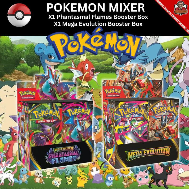 Pokemon Booster Box Mixer --- X1 Phantasmal Flames + X1 Mega Evolution --- X2 Box Random Character Energy